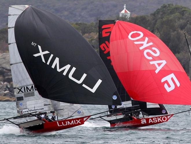 Panasonic Lumix and Asko Appliances in tight spinnaker action on the first run ©  Frank Quealey / Australian 18 Footers League